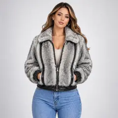 DOBLE V - Chaqueta Efecto Pelo Gris con Detalles Ecocuero