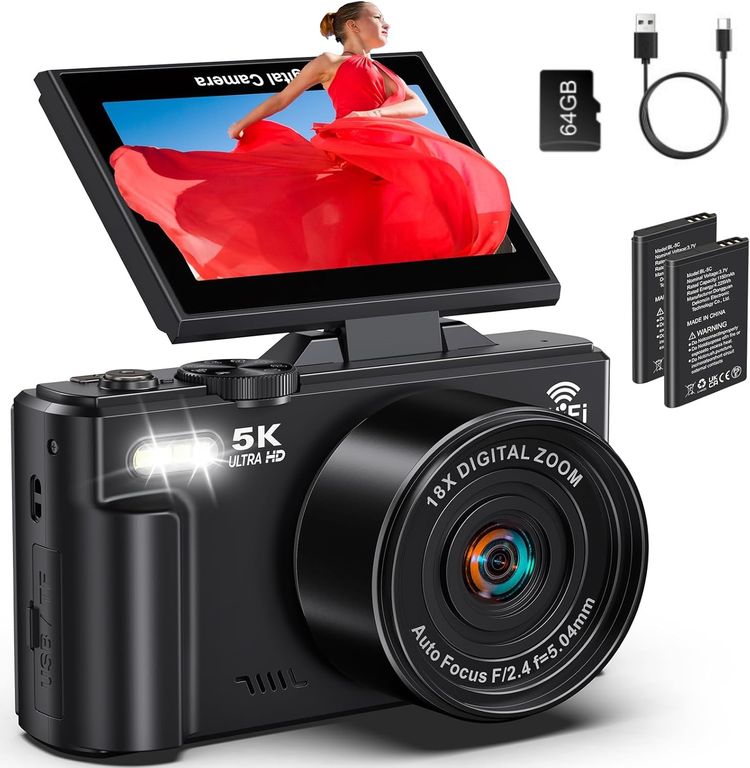Camara Digital 5k UHD Pantalla 3 Giratoria Wifi Zoom 18x 75mp Recargable 64Gb · Negro