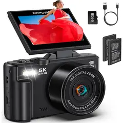 KUANGYE - Camara Digital 5k UHD Pantalla 3 Giratoria Wifi Zoom 18x 75mp Recargable 64Gb