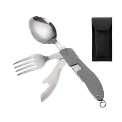 GENERICO - Set Cubiertos Plegables 4 en 1 Camping Cuchillo Tenedor Cuchara Acero INOX Outdoor Plateado