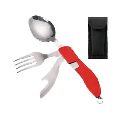 GENERICO - Set Cubiertos Plegables 4 en 1 Camping Cuchillo Tenedor Cuchara Acero INOX Outdoor Rojo