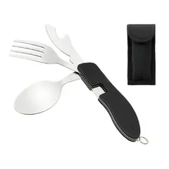 GENERICO - Set Cubiertos Plegables 4 en 1 Camping Cuchillo Tenedor Cuchara Acero INOX Outdoor Negro