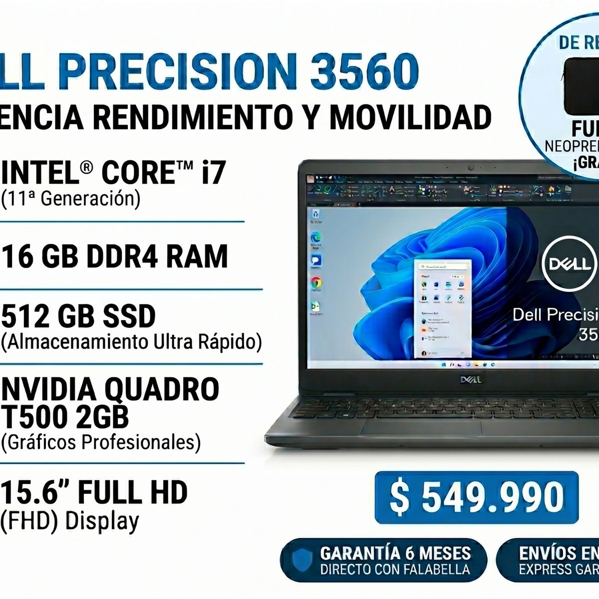 DELL - Notebook Reacondicionado Dell Intel Core i7 11va Gen 16GB Ram 512GB Ssd NVIDIA T500 GARANTIA 6 MESES