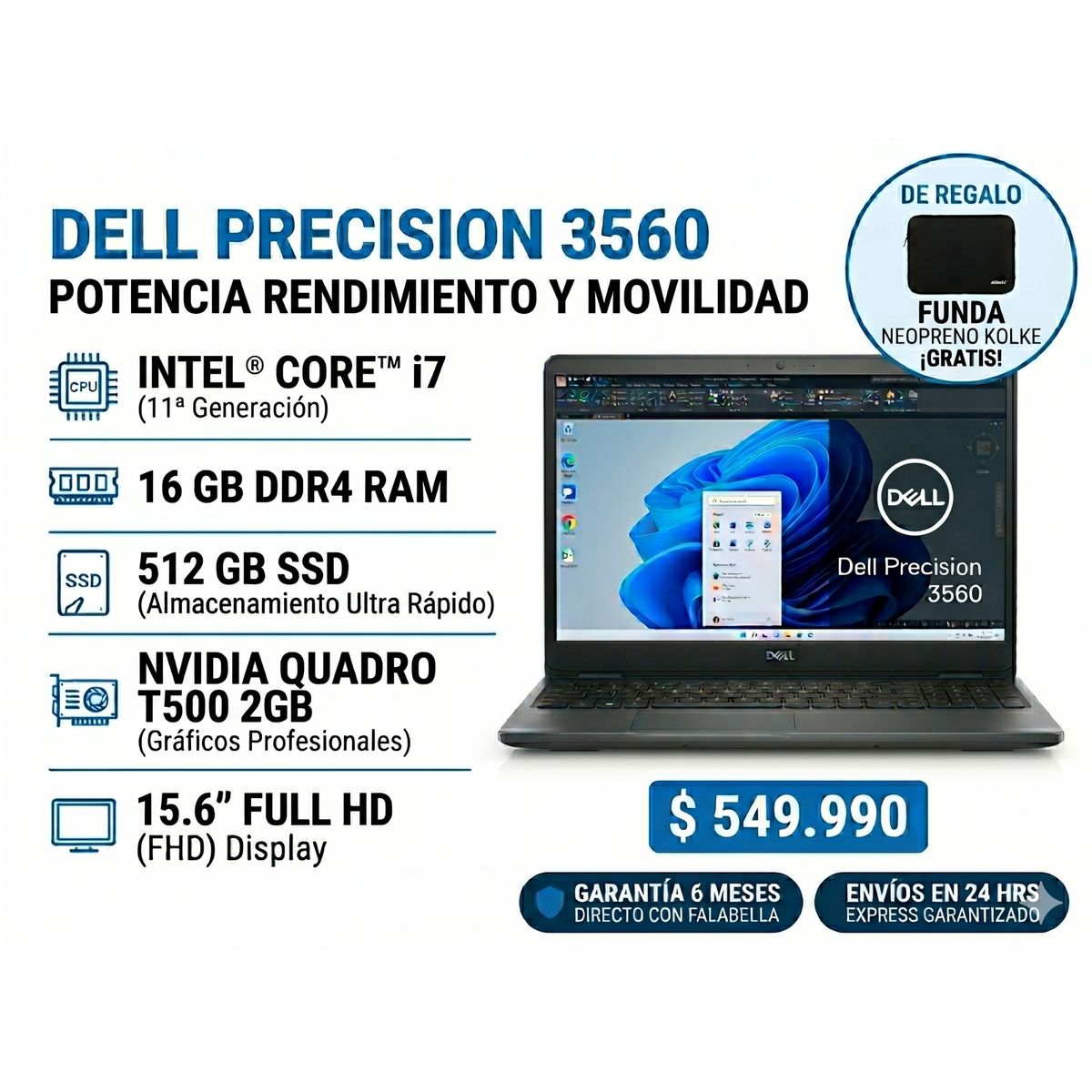 DELL - Notebook Reacondicionado Dell Intel Core i7 11va Gen 16GB Ram 512GB Ssd NVIDIA T500 GARANTIA 6 MESES