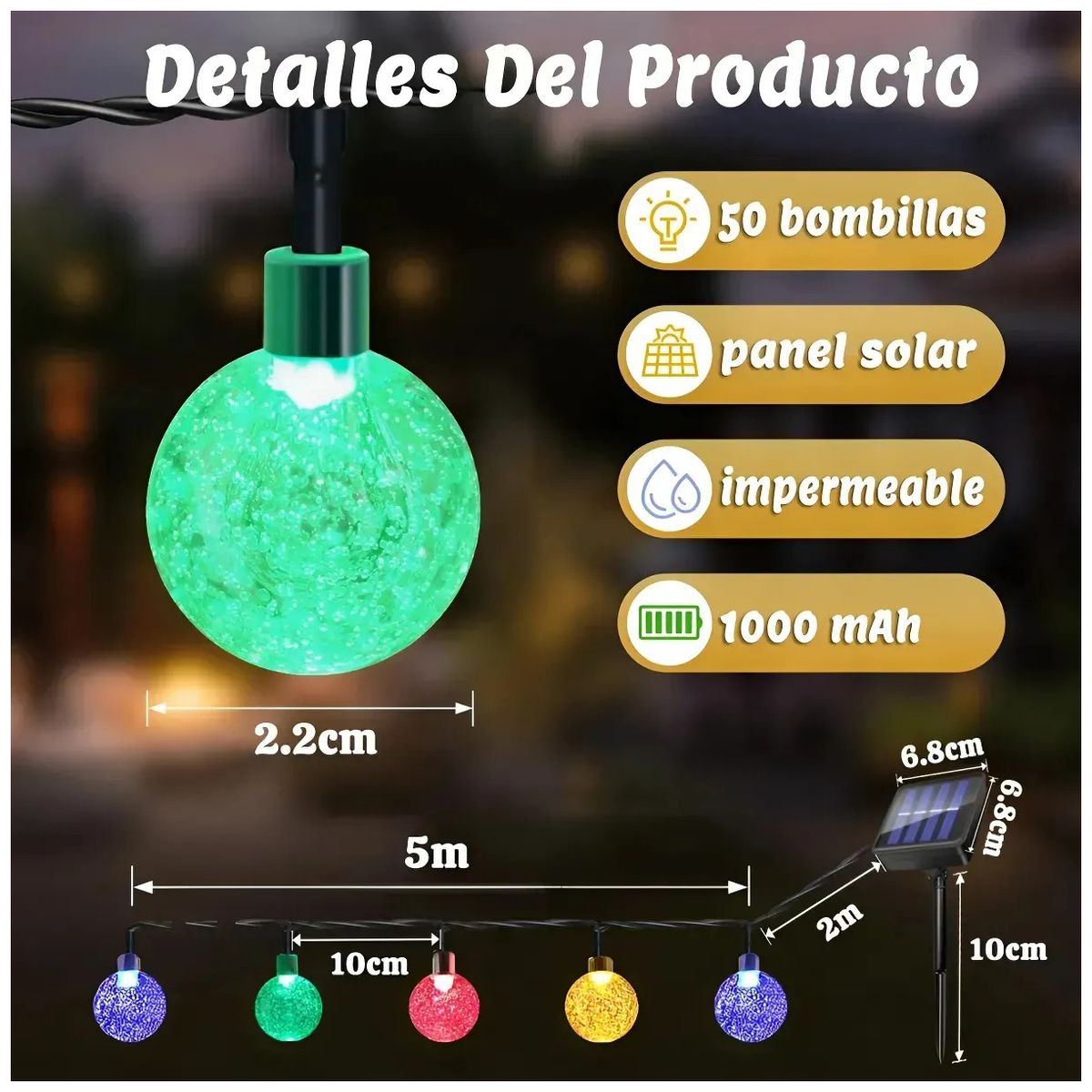 GENERICO - Luces Solares Navidad Guirnalda 7 Metros 50 Led