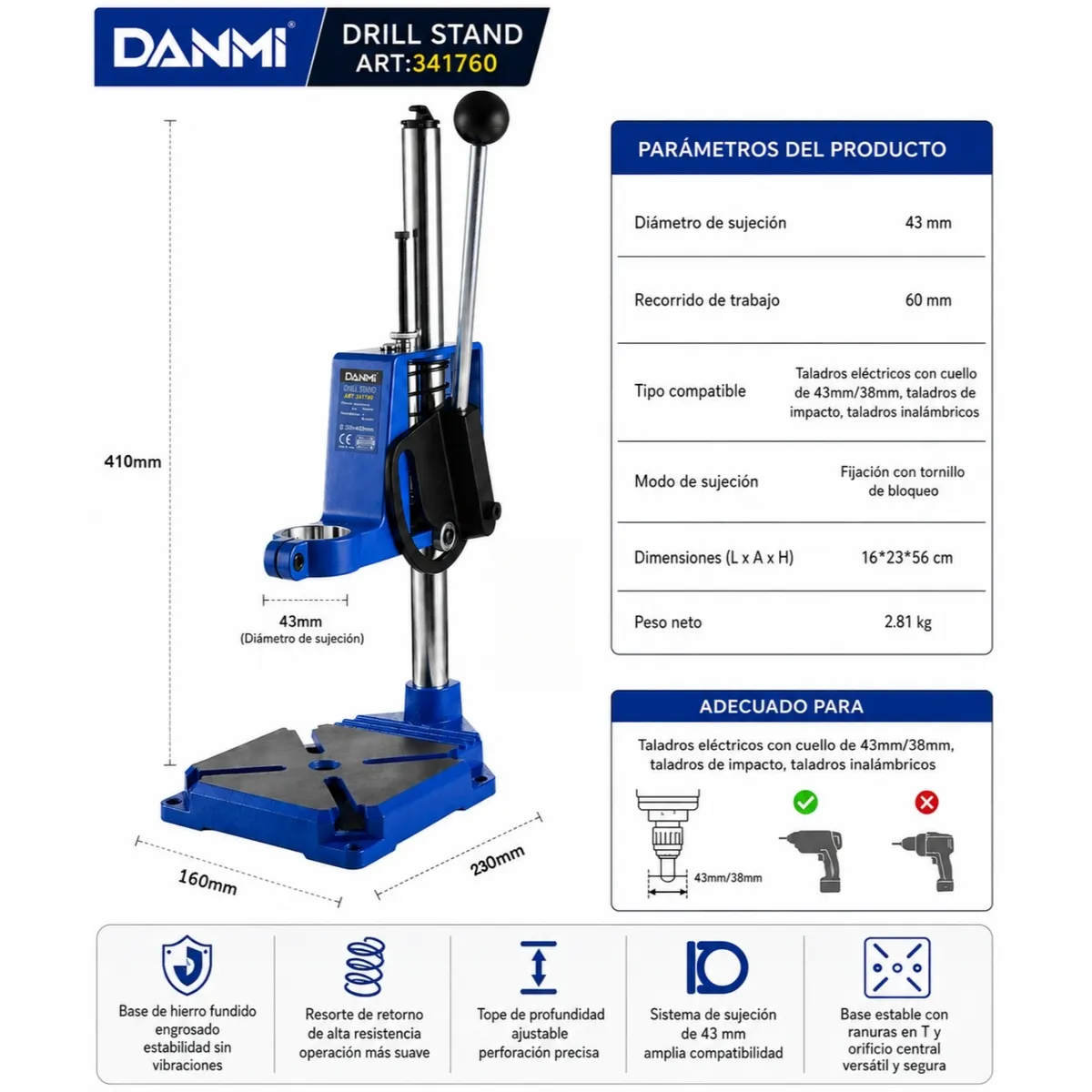 DANMI - Prensa Taladro Soporte Pedestal Porta Taladro Danmi