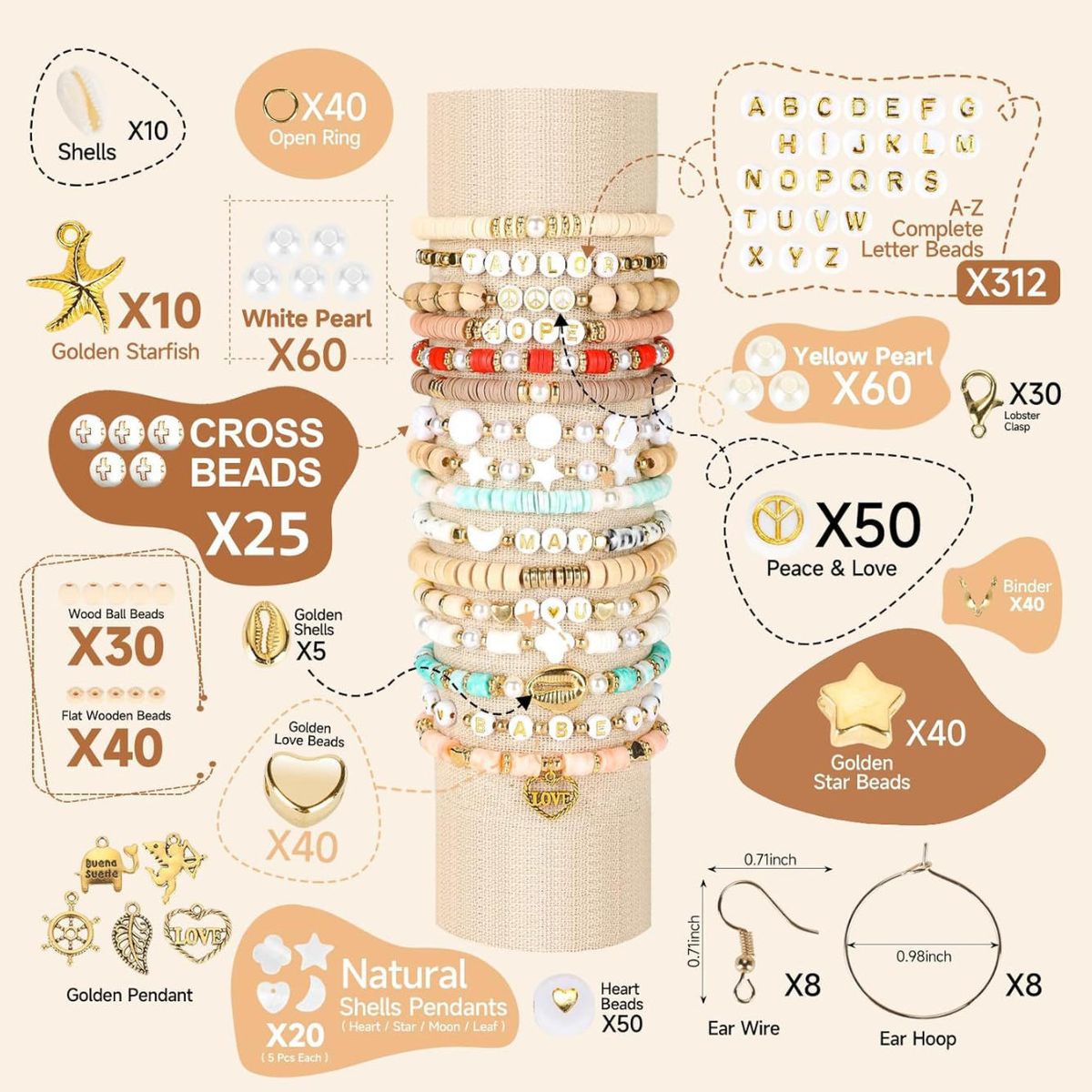 KINDA NICE - Juego De Cuentas 48 Colores Y Letra 10500 Kit Hacer Pulseras