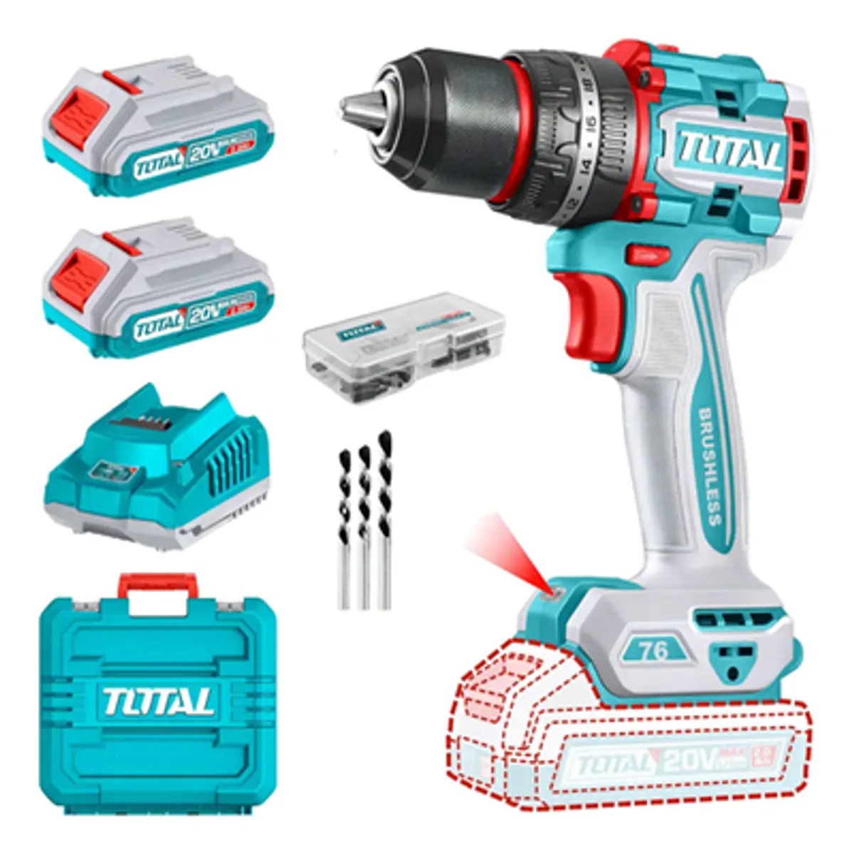 TOTAL TOOLS - Taladro Atornillador Percutor 20v 2bat+carg Total Tidli20768