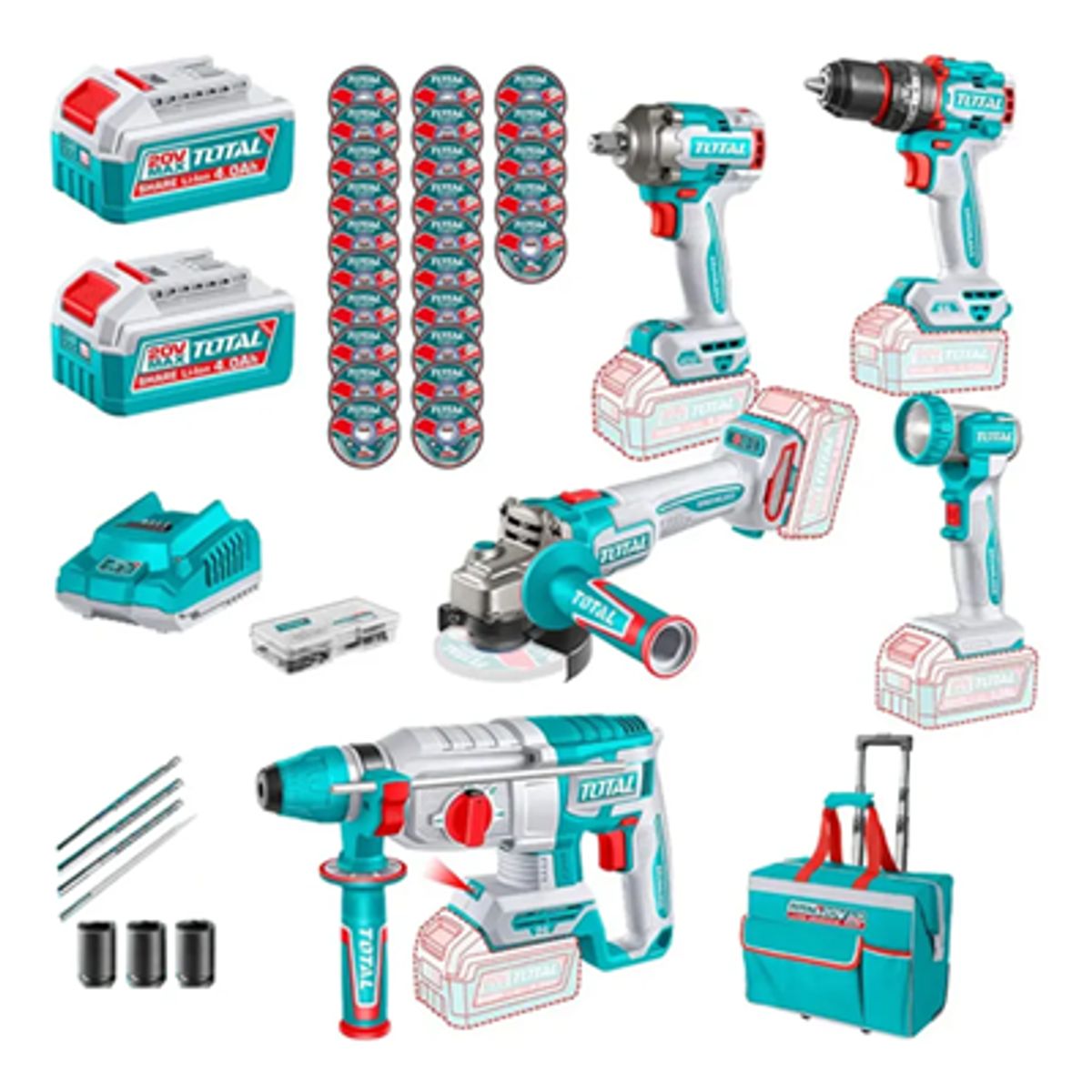 TOTAL TOOLS - Taladro+ Llave Impacto+ Esmeril+ Rotomartillo+ Lampara TCKLI20592