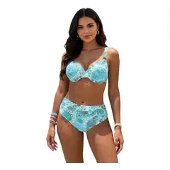 HAMI BOUTIQUE - Bikini Dos Piezas Color Turquesa con Estampado de Mandalas y Tiro Alto