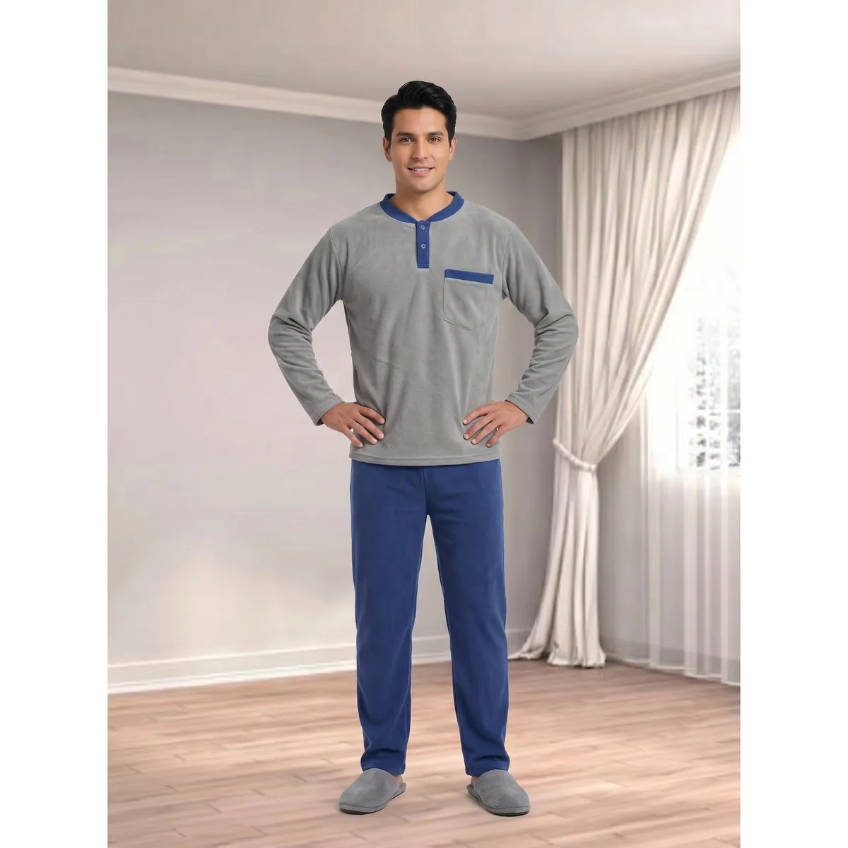 LIKE SHOP - Pijama Polar Hombre Invierno 2 Piezas Calidad Premium Liso 4063