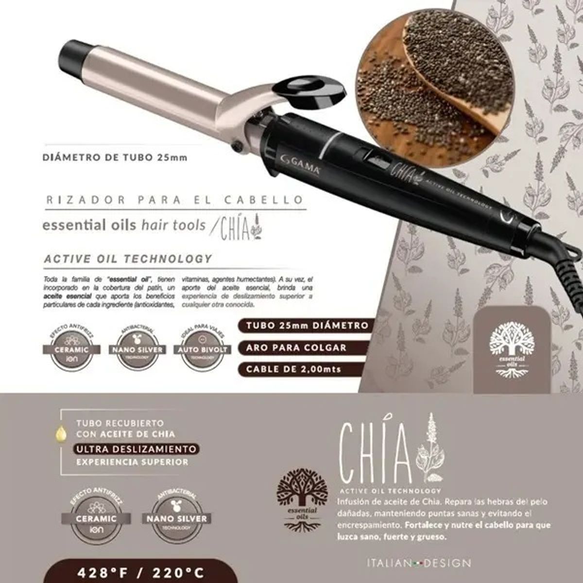 GAMA - Ondulador Rizador De Cabello Chia Essential Oils 25mm Gama