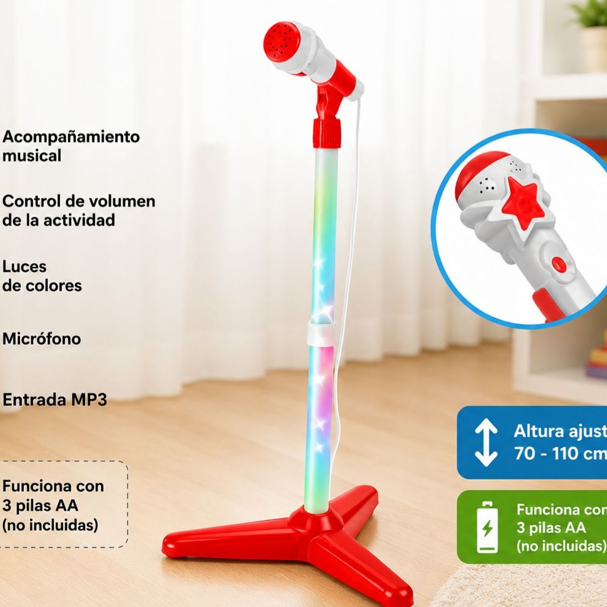 GENERICO - Microfono Pedestal Juguete Mp3 Con Luces Infantil blanco con rojo