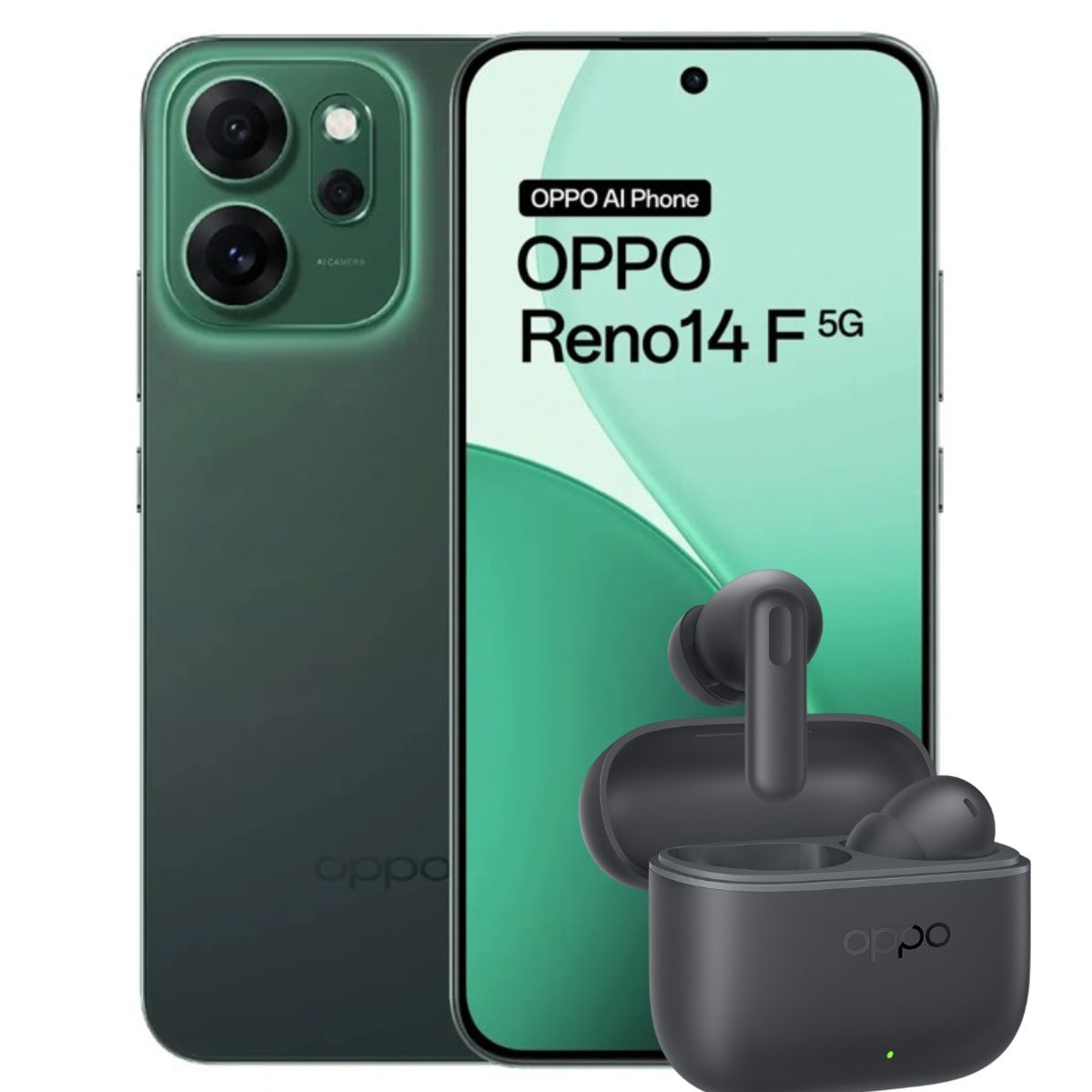 OPPO - Celular OPPO Reno14 F 5G Verde 12+256GB + Audífonos Enco Buds3 Pro negros