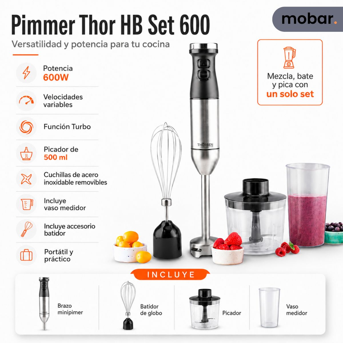 THORBEN - Minipimer Batidora De Inmersion Thorben Thor Hb 600w 4 En 1