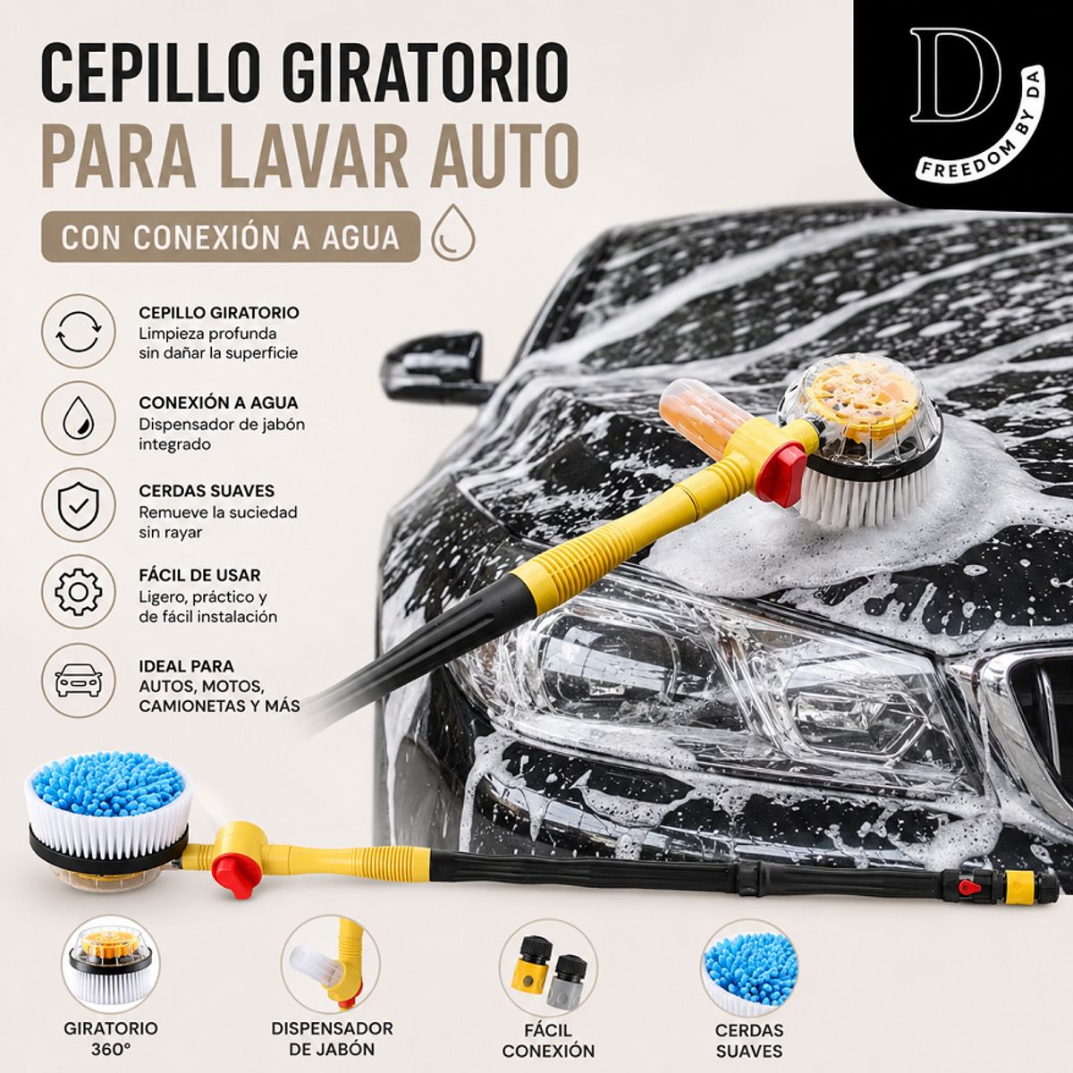 MOVI - Cepillo Giratorio para Lavado de Auto con Conexión de Agua