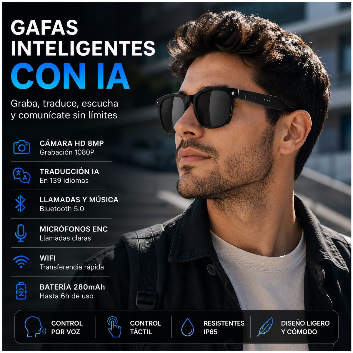 STARTECHOFFICE - Gafas Inteligentes con IA M8AI Cámara HD 8MP Traducción en Tiempo Real Bluetooth y Grabación 1080P