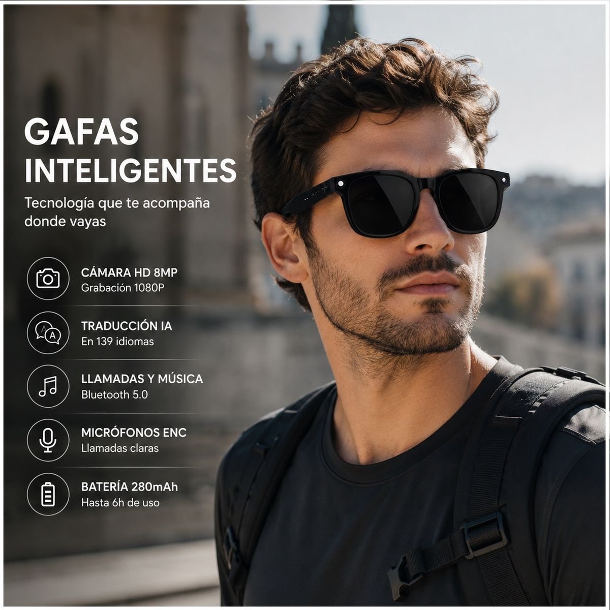 GENERICO - Gafas Inteligentes IA 2026 con Cámara HD 8MP Traducción Inteligente Bluetooth y Grabación 1080P