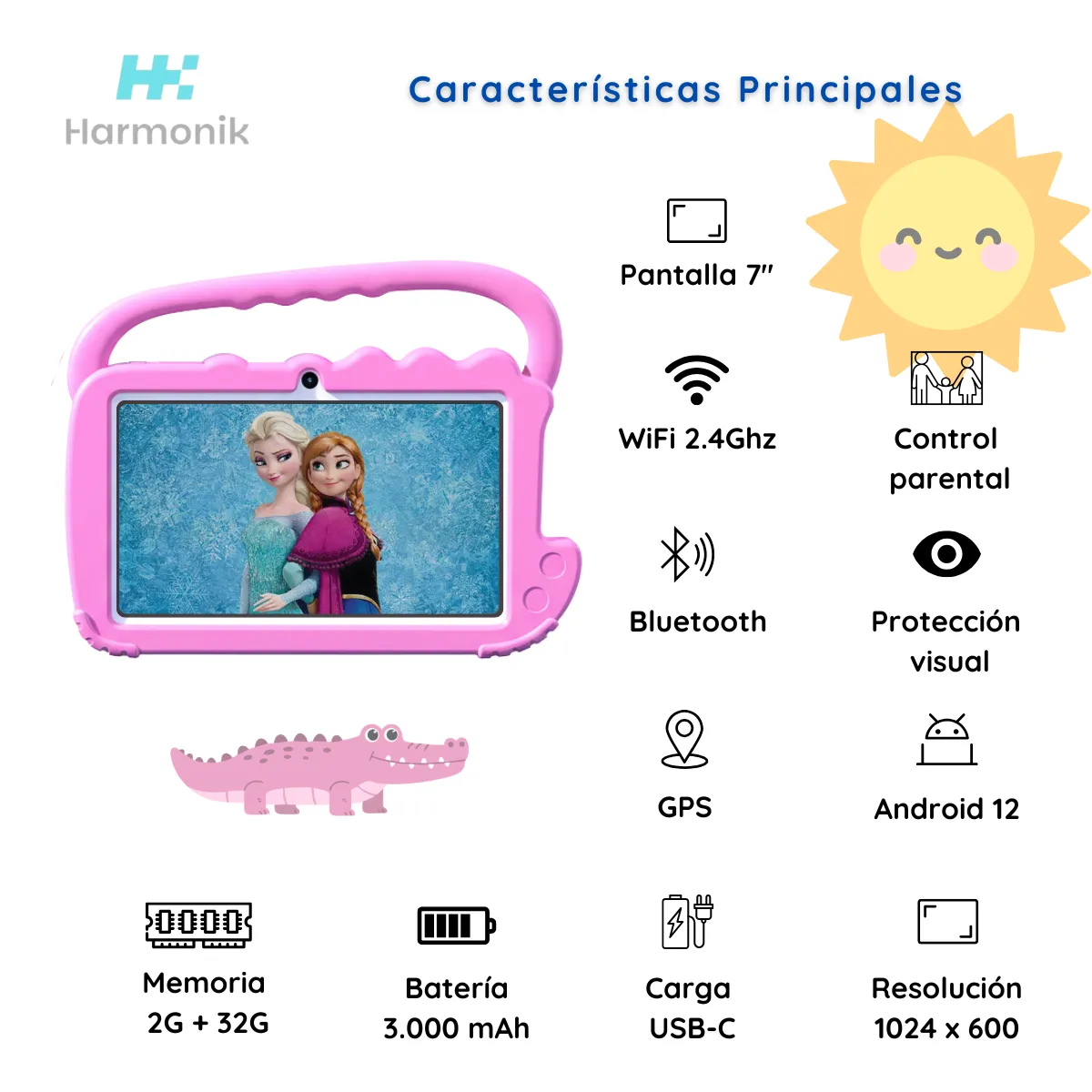 HARMONIK - Tablet Para Niños 7 Pulgadas 2g-32g Wifi Aplicaciones Con Funda Protectora Rosa