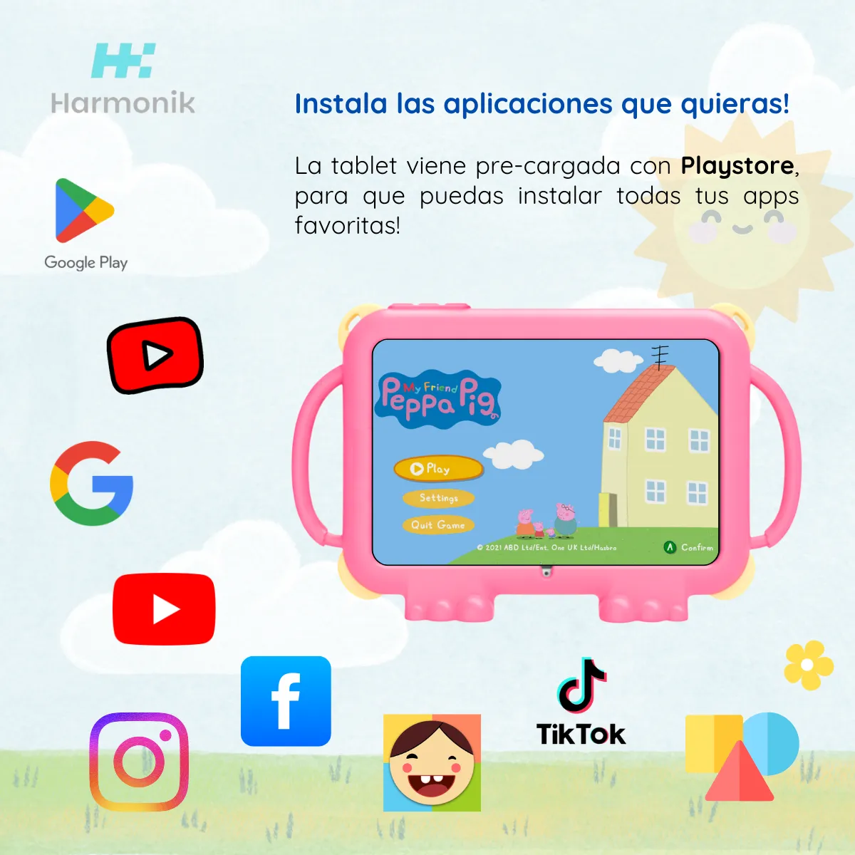 HARMONIK - Tablet Para Niños 7 Pulgadas 3g-32g Wifi Aplicaciones Con Funda Protectora Rosa