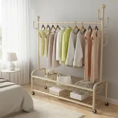GENERICO - PERCHERO BEIGE COLGADOR DE ROPA CON RUDAS GANCHOS Y CANASTO 172X100X36 CM WM
