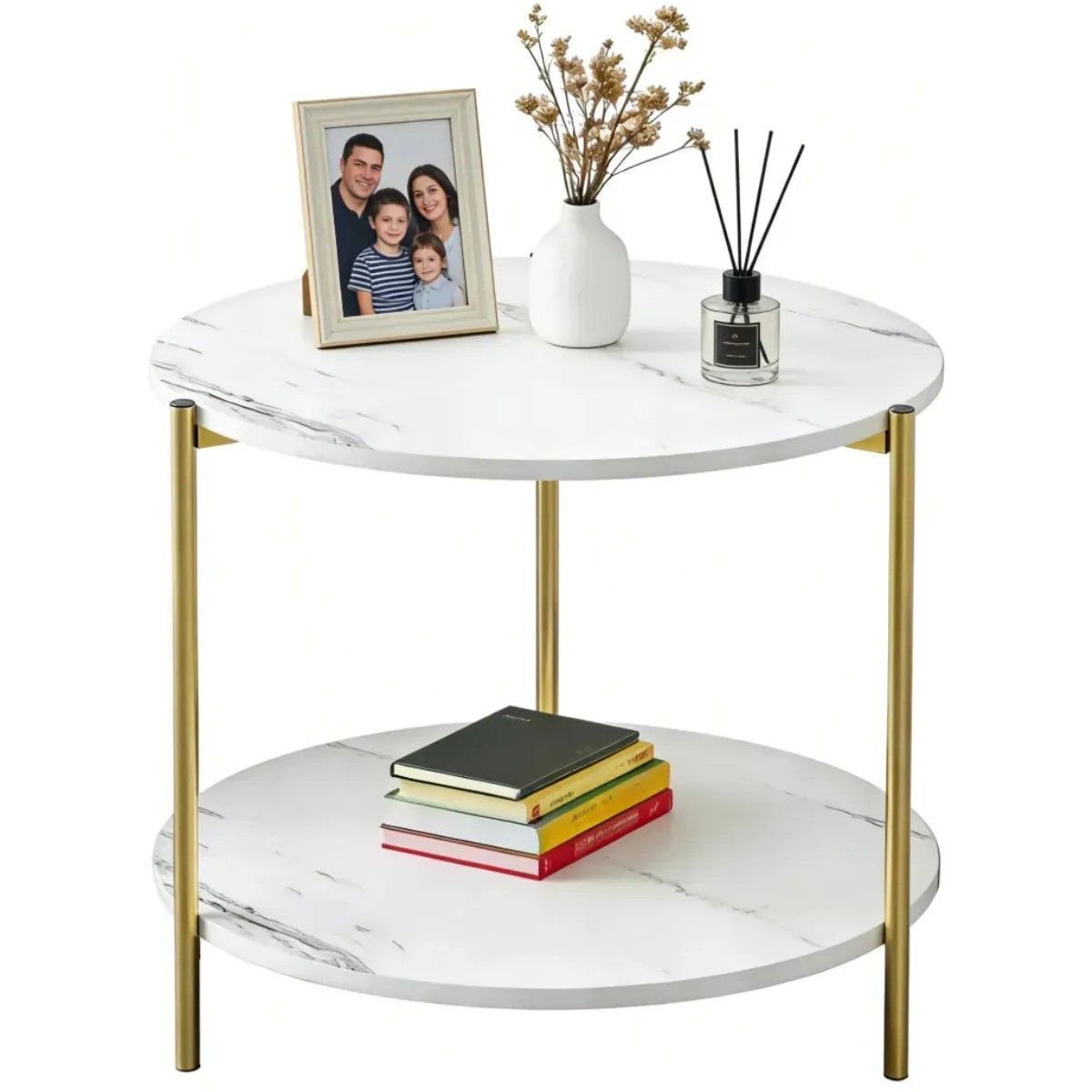 GENERICO - Mesa Auxiliar Redonda para Sala con Revistero de Madera Blanca BELUG