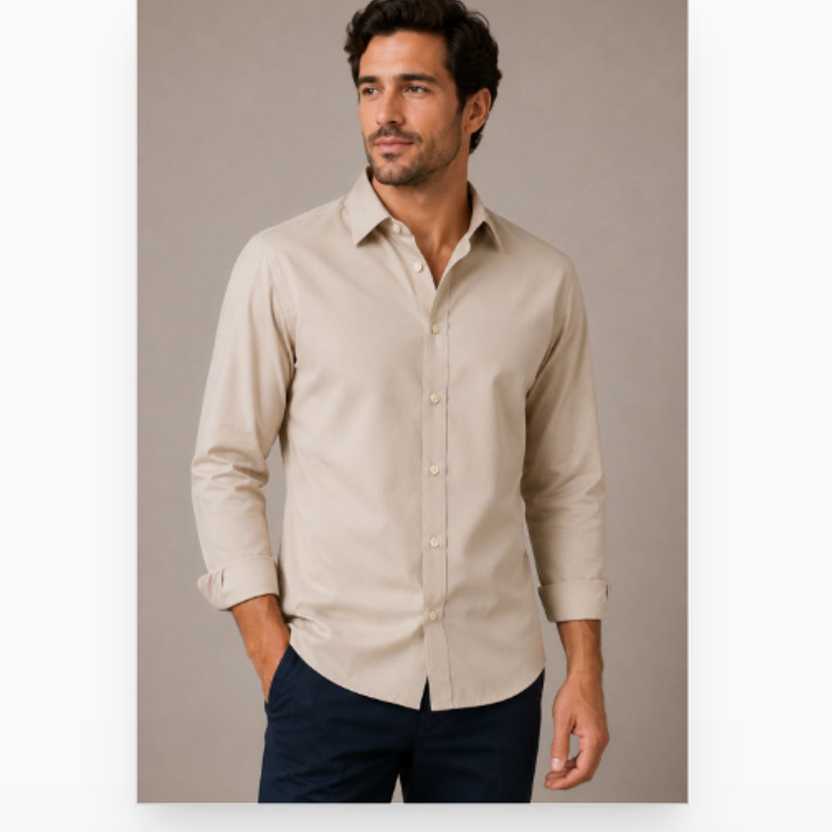 XPRESS RECHARGE - Camisa Hombre Lisa Manga Larga Beige Elegante Casual Formal