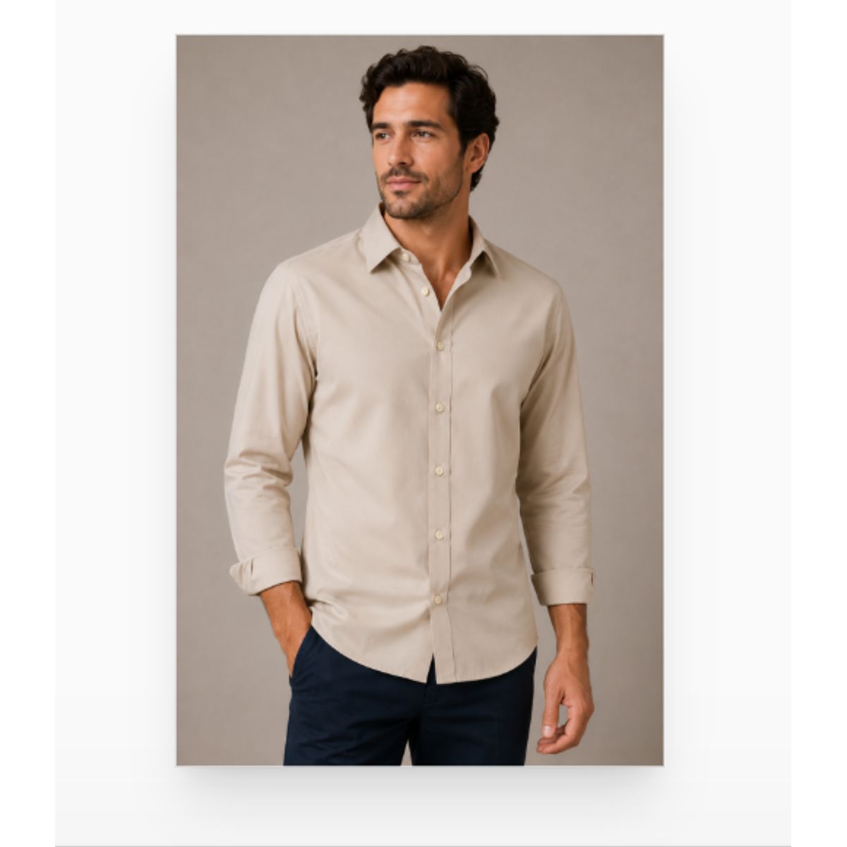 XPRESS RECHARGE - Camisa Hombre Lisa Manga Larga Beige Elegante Casual Formal