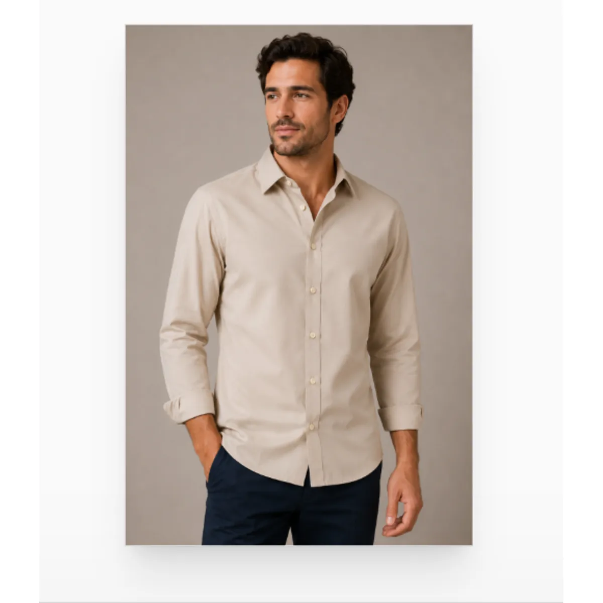 XPRESS RECHARGE - Camisa Hombre Lisa Manga Larga Beige Elegante Casual Formal