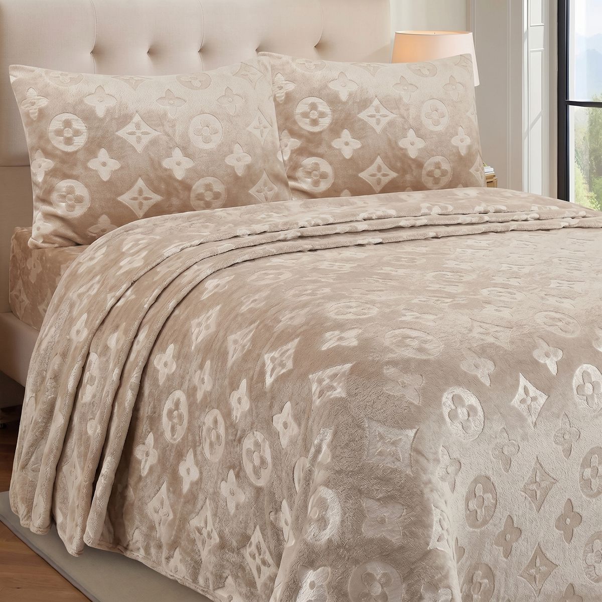GENERICO - Set de Sábanas Polar Plush Plaza y Media Térmicas Suaves - Beige