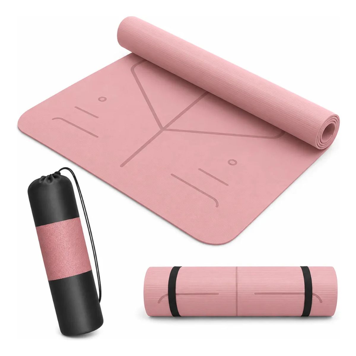 GENERICO - Mat Yoga Pilates Colchoneta Eco Guías +bolso+correa 6mm Rosa