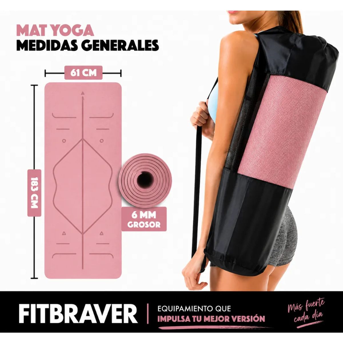 GENERICO - Mat Yoga Pilates Colchoneta Eco Guías +bolso+correa 6mm Rosa