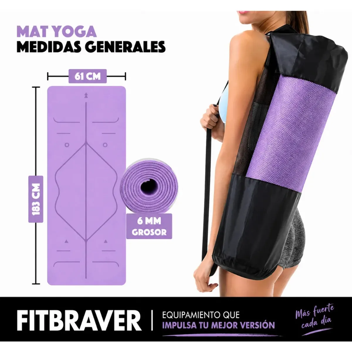 GENERICO - Mat Yoga Pilates Lila Colchoneta Eco Guías +bolso+correa 6mm Abdominales