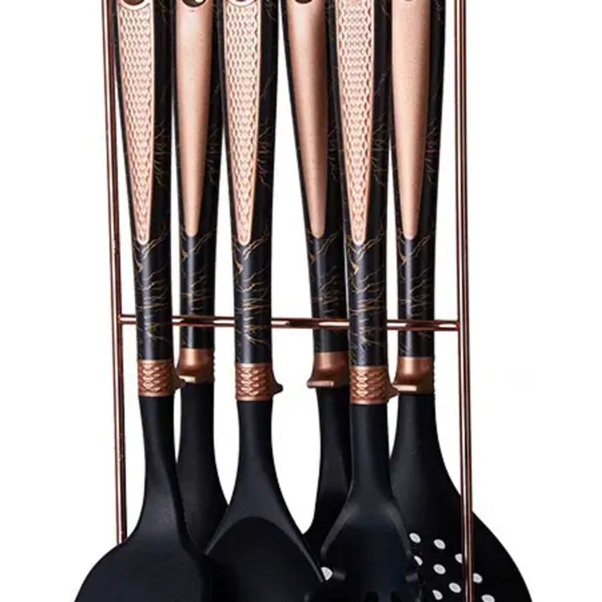 IRM - Juego De Utensilios Silicona 7 Piezas Negro Marmoleado No Raya Sartenes Elegante FIGOIMPORT