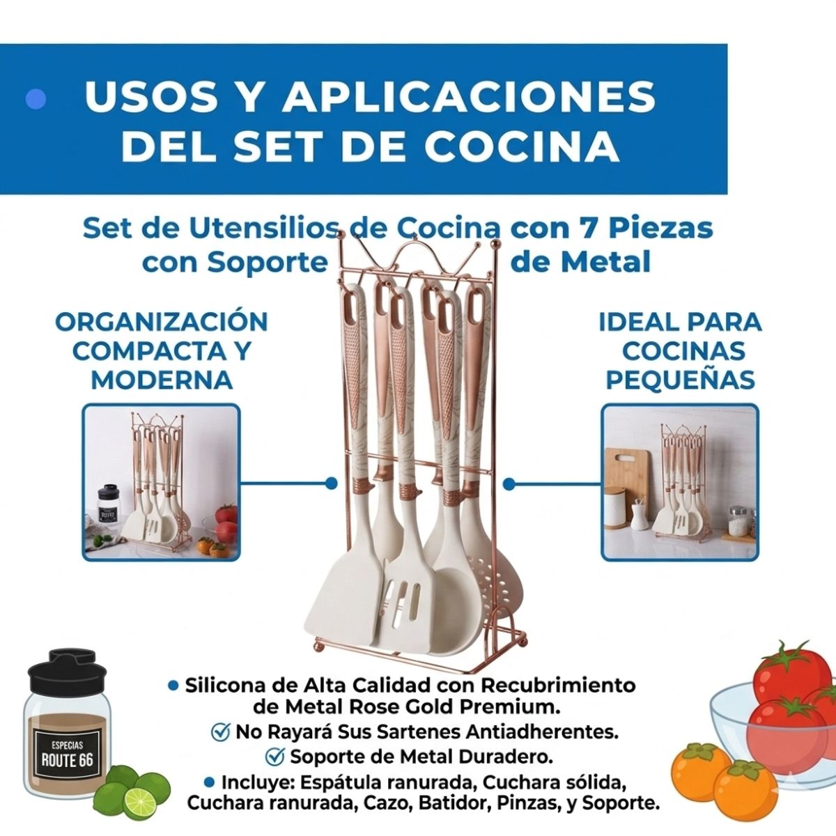 IRM - Juego De Utensilios Silicona 7 Piezas Negro Marmoleado No Raya Sartenes Elegante FIGOIMPORT