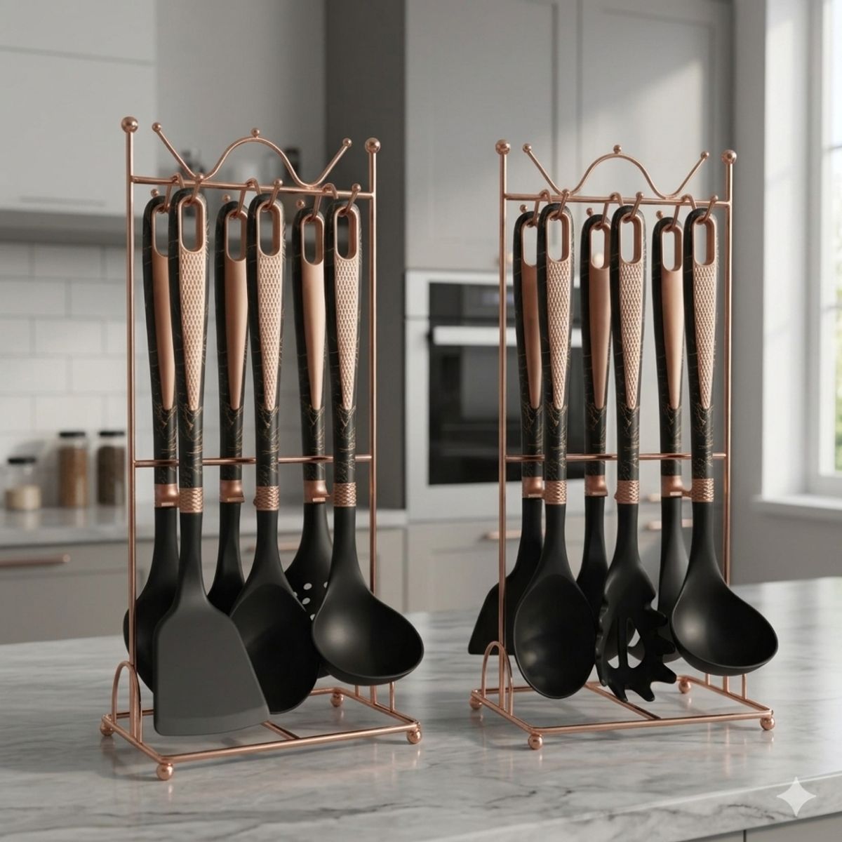 IRM - Juego De Utensilios Cocina X2 7 Piezas Silicona Negro Marmoleado Soporte Metal Rose Gold FIGOIMPORT