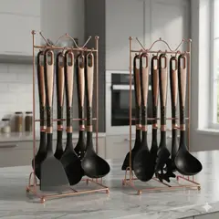 IRM - Juego De Utensilios Cocina X2 7 Piezas Silicona Negro Marmoleado Soporte Metal Rose Gold FIGOIMPORT