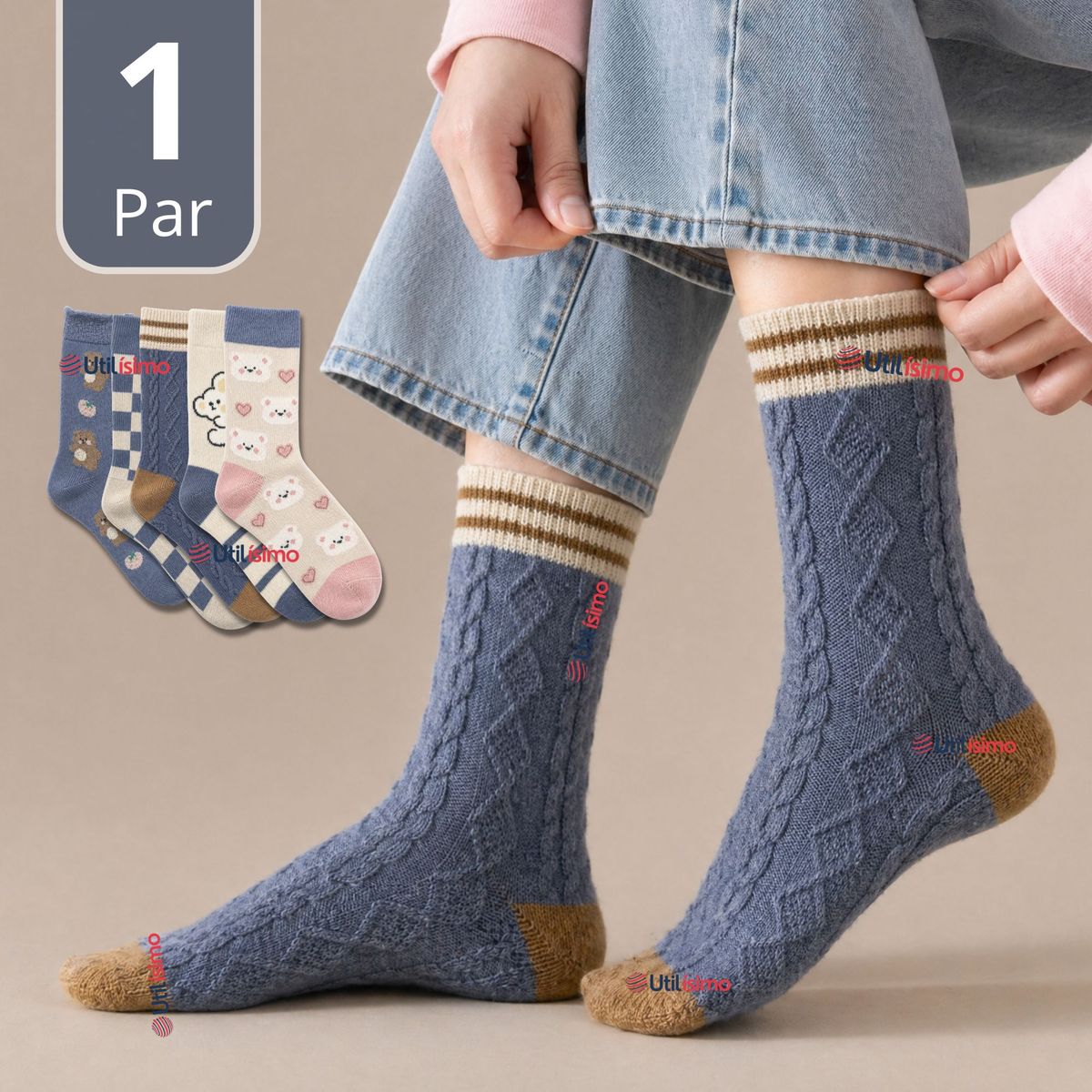 UTILISIMO - Calcetines De Lana Mujer Juvenil Confort Térmico Diseños Surtidos 1 Par
