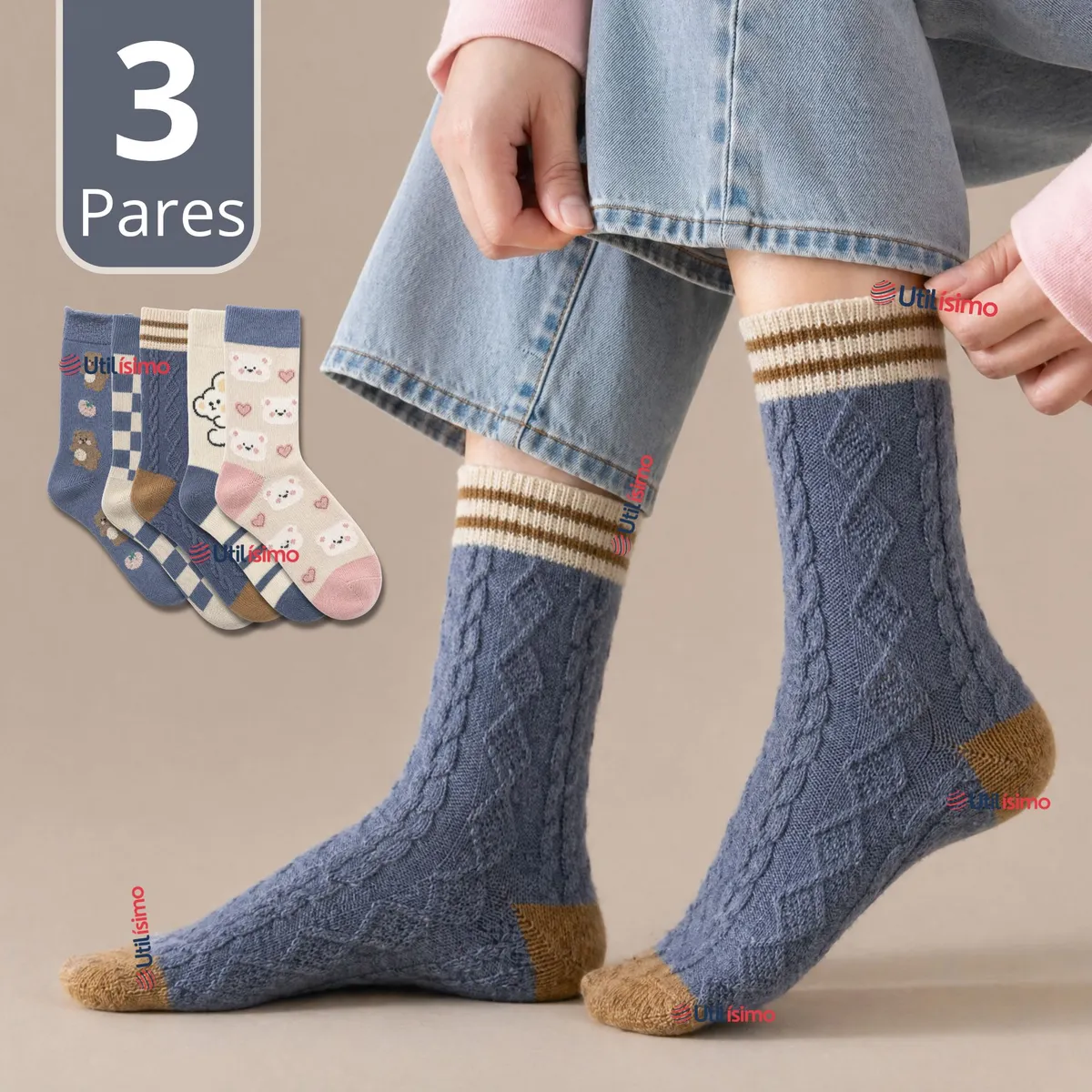 UTILISIMO - Pack 3 Pares Calcetines de Lana Confort Térmico Mujer Diseños Juveniles