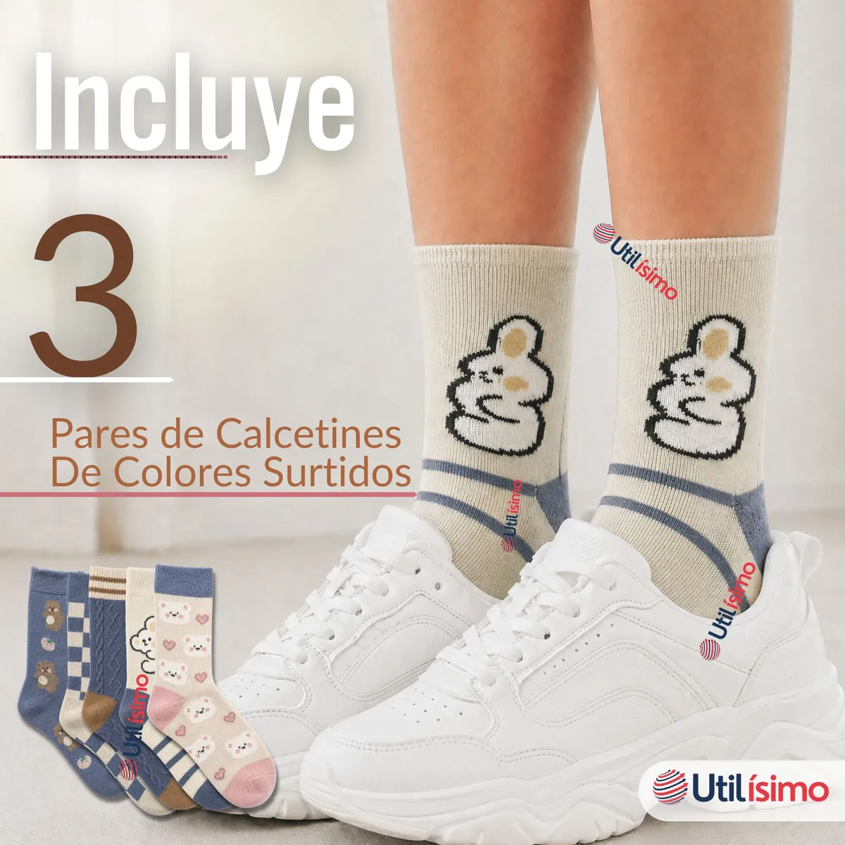 UTILISIMO - Pack 3 Pares Calcetines de Lana Confort Térmico Mujer Diseños Juveniles
