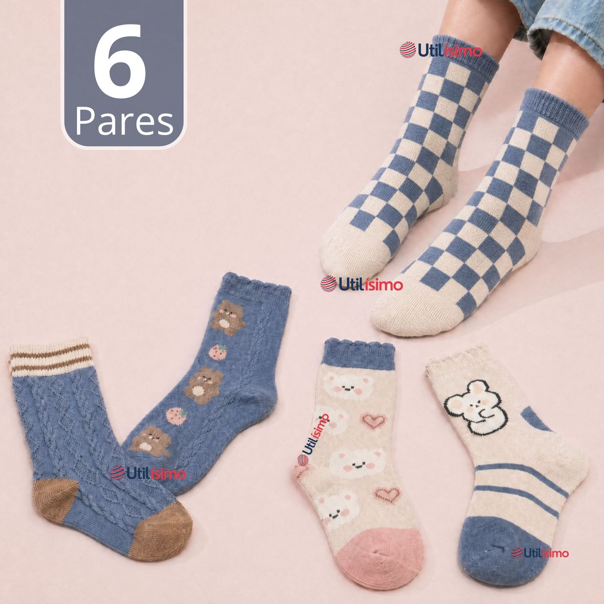 UTILISIMO - Pack 6 Pares Calcetines de Lana Confort Térmico Mujer Diseños Juveniles