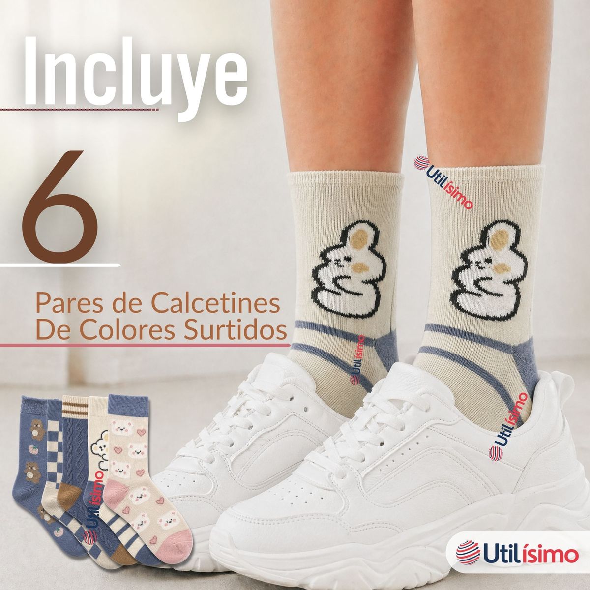 UTILISIMO - Pack 6 Pares Calcetines de Lana Confort Térmico Mujer Diseños Juveniles