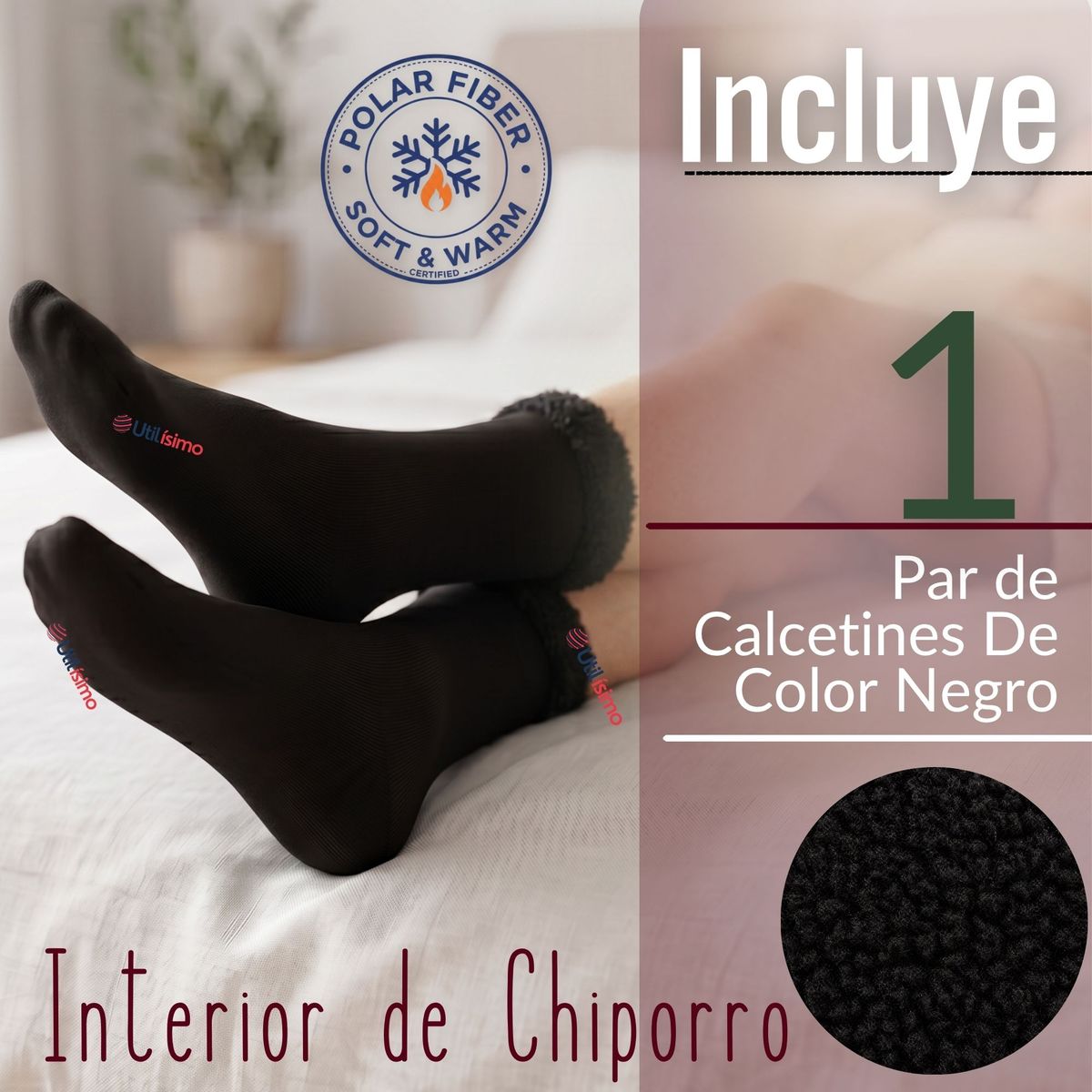 UTILISIMO - Calcetín Chiporro Mujer Ultra Térmico Negro Invierno Polar 1 Par