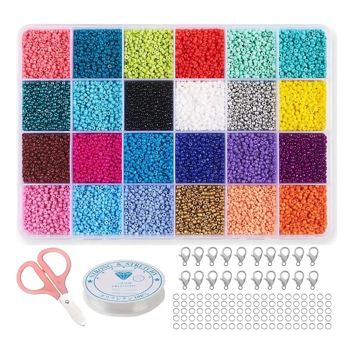 GENERICO - Kit de Mostacillas 24 Colores Pulseras Anillos Con Tijera Labg