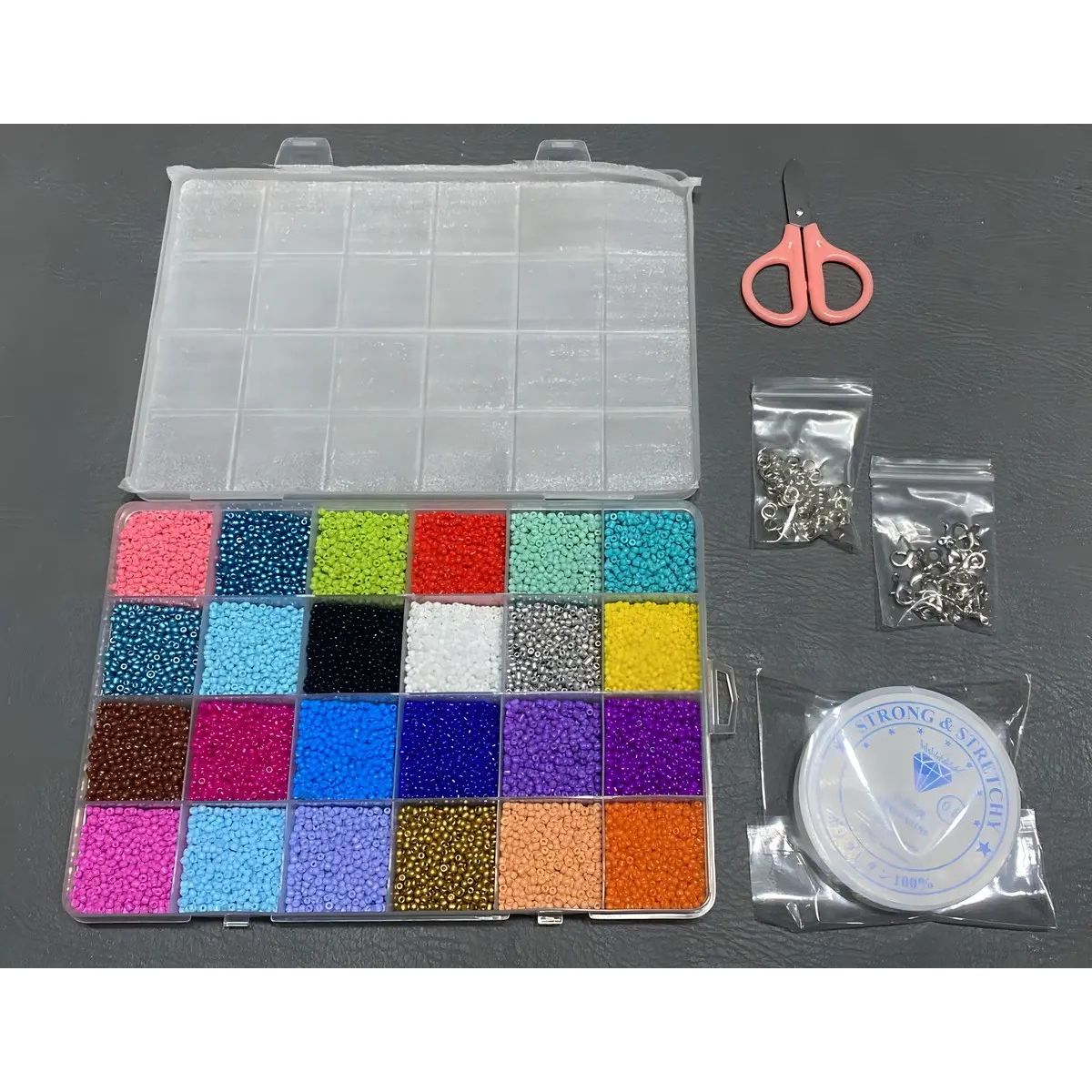 GENERICO - Kit de Mostacillas 24 Colores Pulseras Anillos Con Tijera Labg