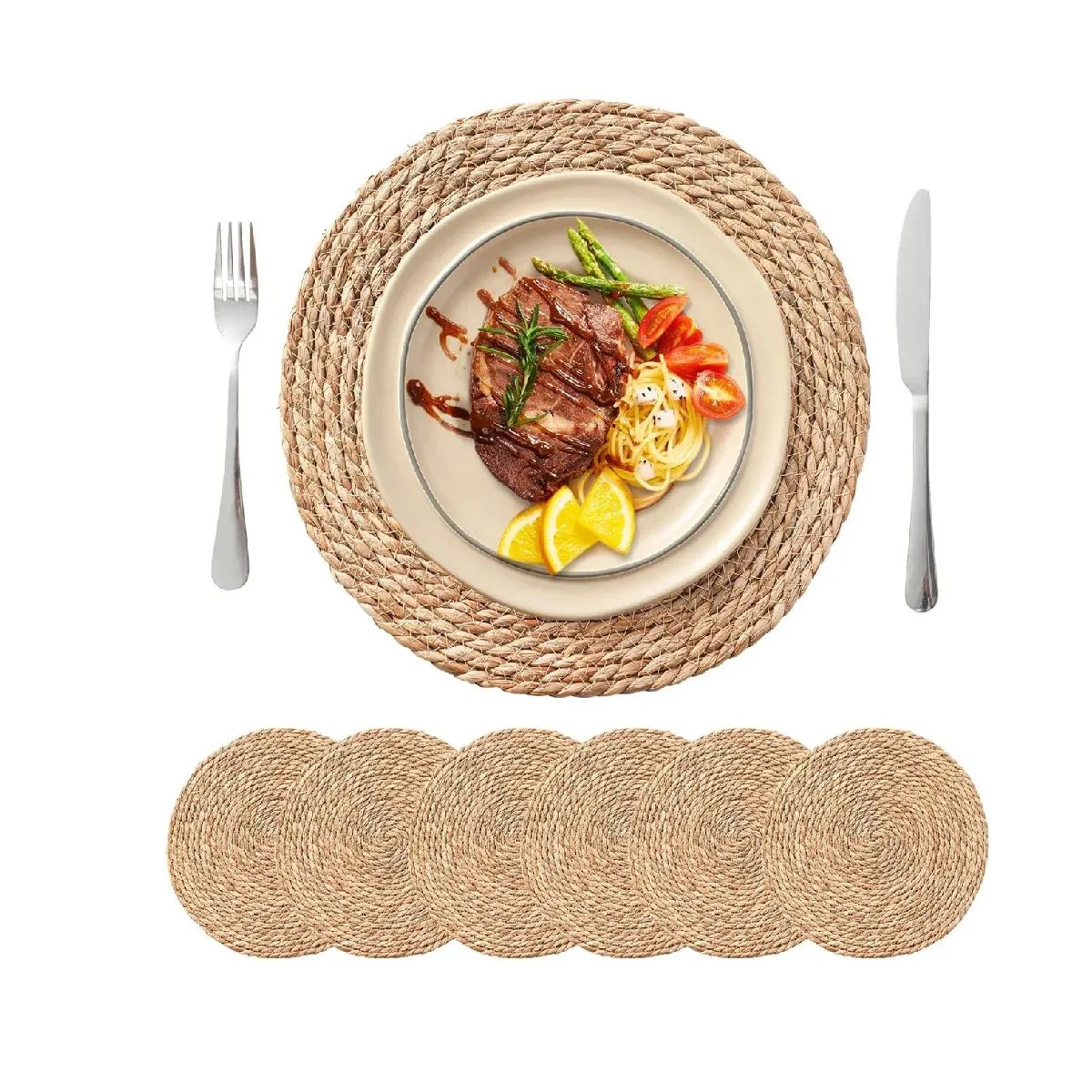 GENERICO - Set 6 Individuales Mantel Fibra Natural 35 Cm Redondos