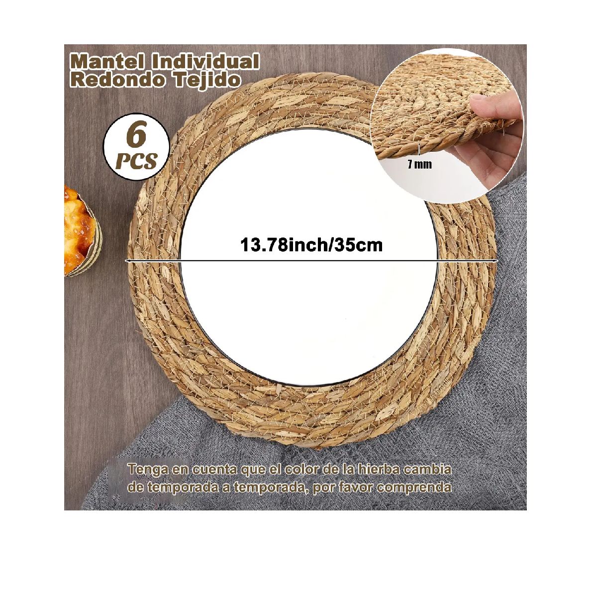 GENERICO - Set 6 Individuales Mantel Fibra Natural 35 Cm Redondos