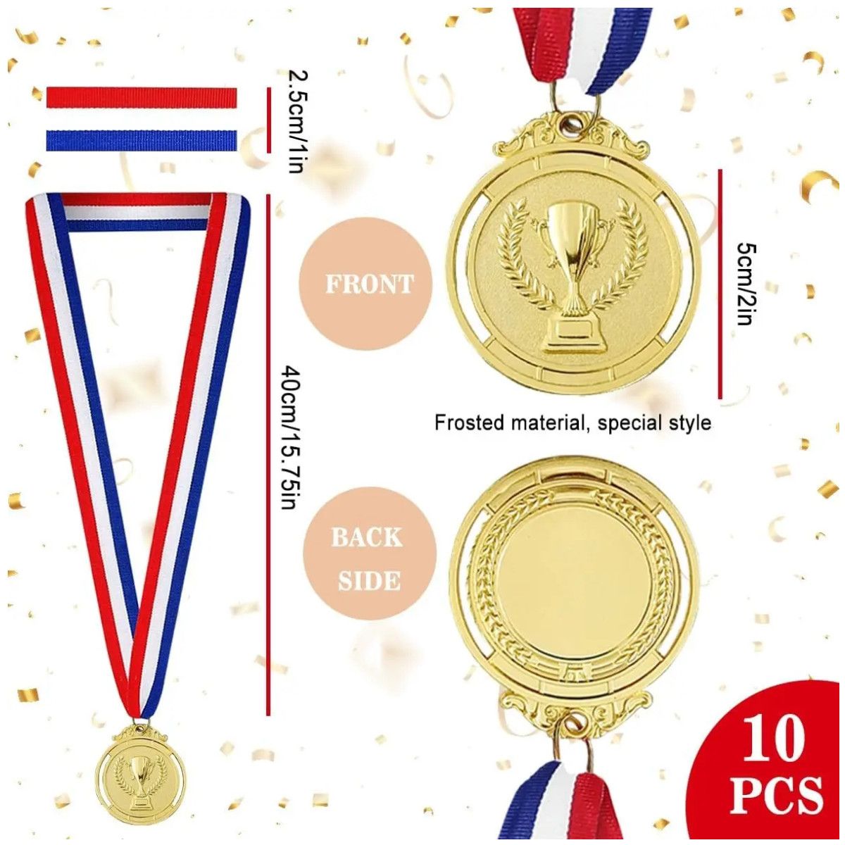 KUANGYE - 10 Medalla Deportiva Metálica C/cinta 7 Cm Oro Modelo Trofeo