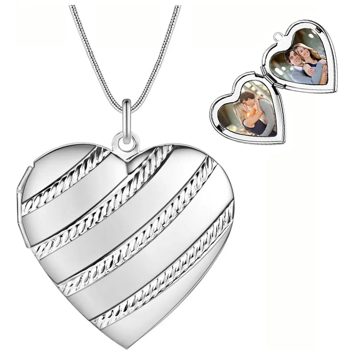 EINICIO - Collar Plateado Corazon Rayas Colgante Relicario Portafoto