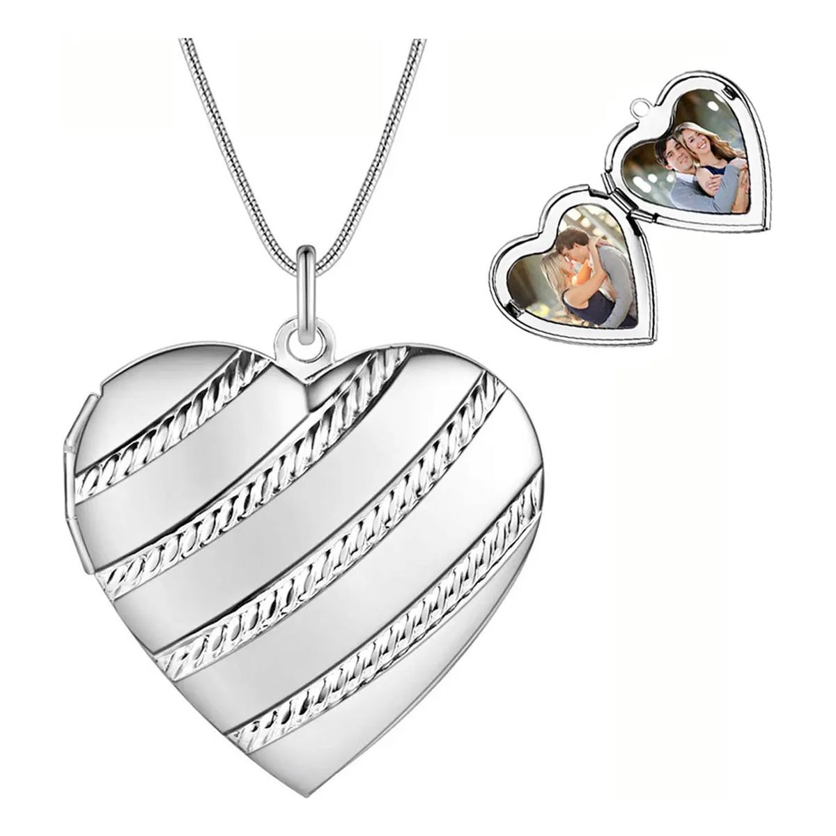 EINICIO - Collar Plateado Corazon Rayas Colgante Relicario Portafoto